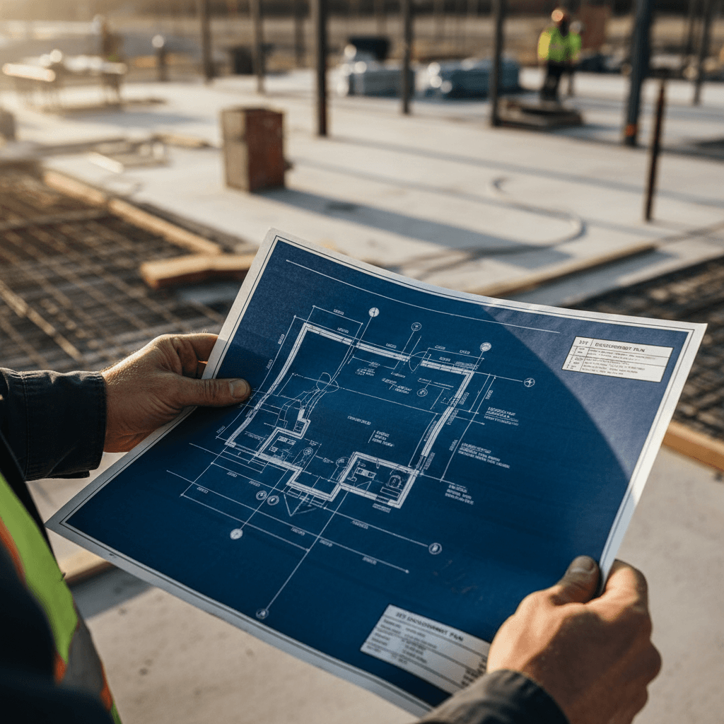 Construction professional reviewing blueprints on jobsite