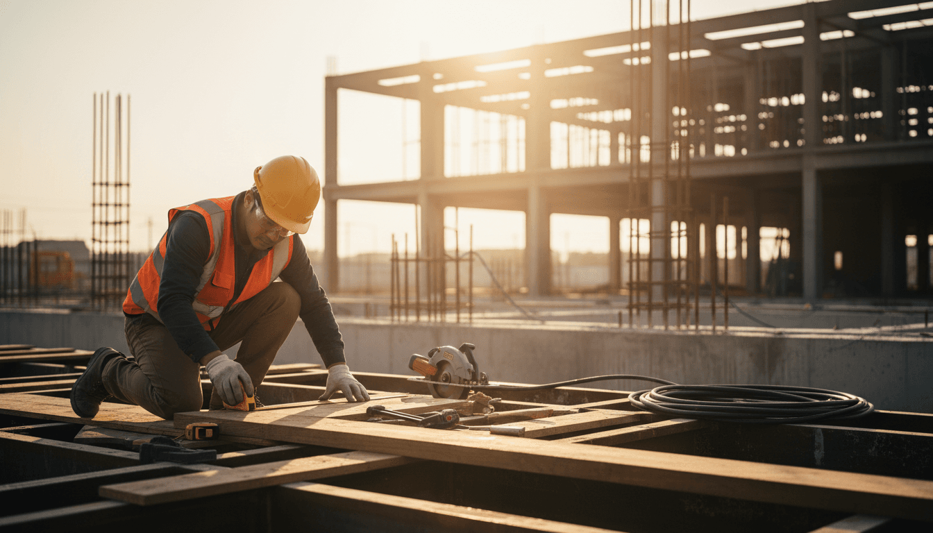 Construction worker carefully measuring and marking materials at a job site