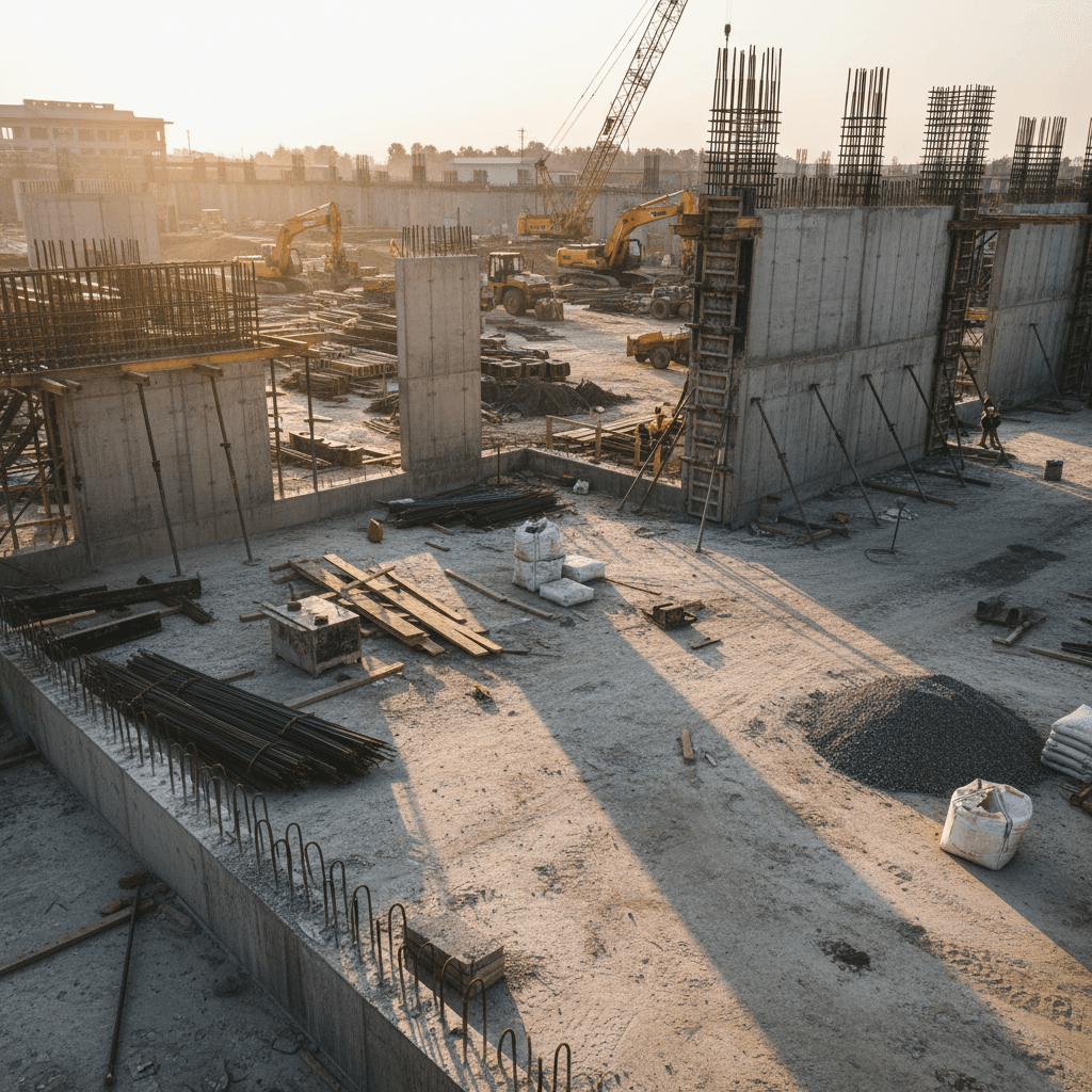 New construction project with structural framing and foundation work
