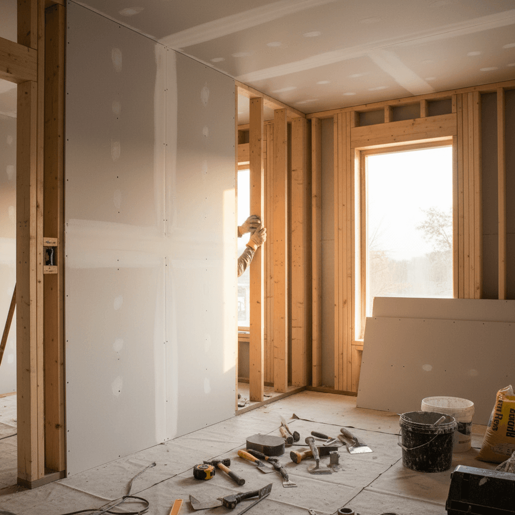 Interior renovation showing drywall and framing work during construction