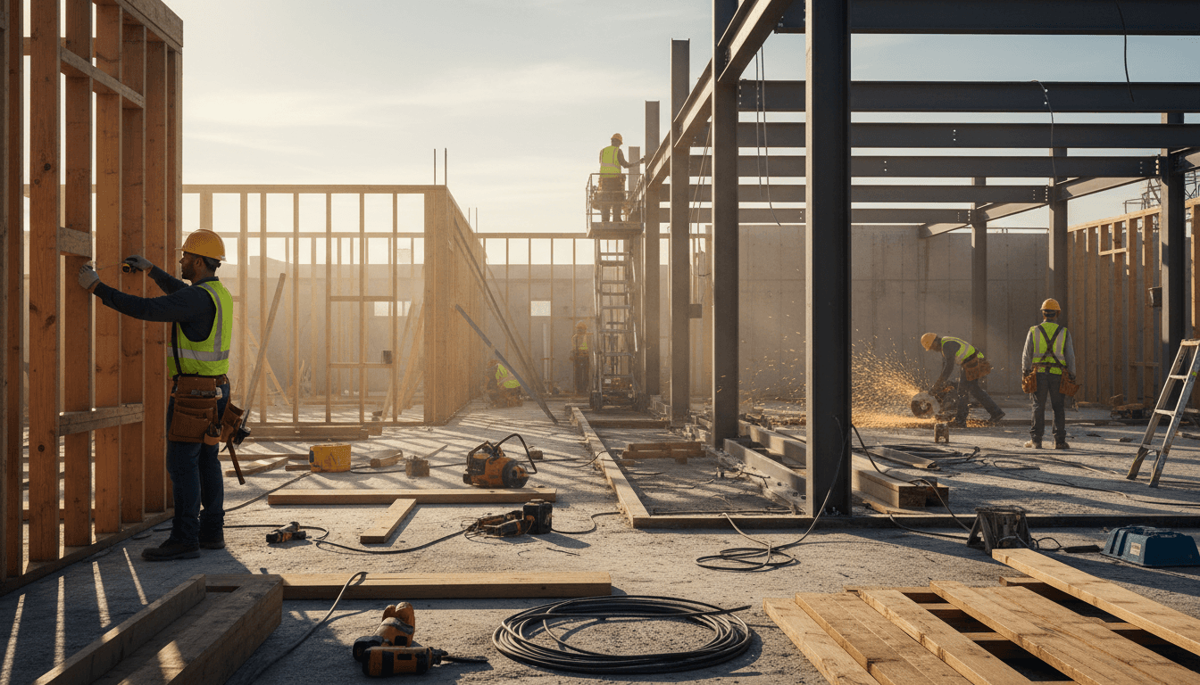 Construction site with framing and foundation work in progress