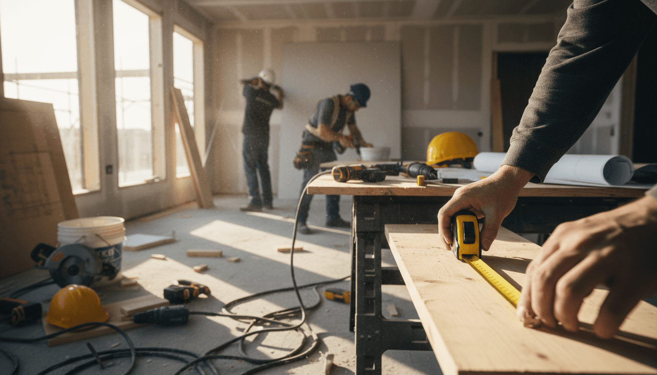Wide view of an active residential renovation with framed walls and construction materials