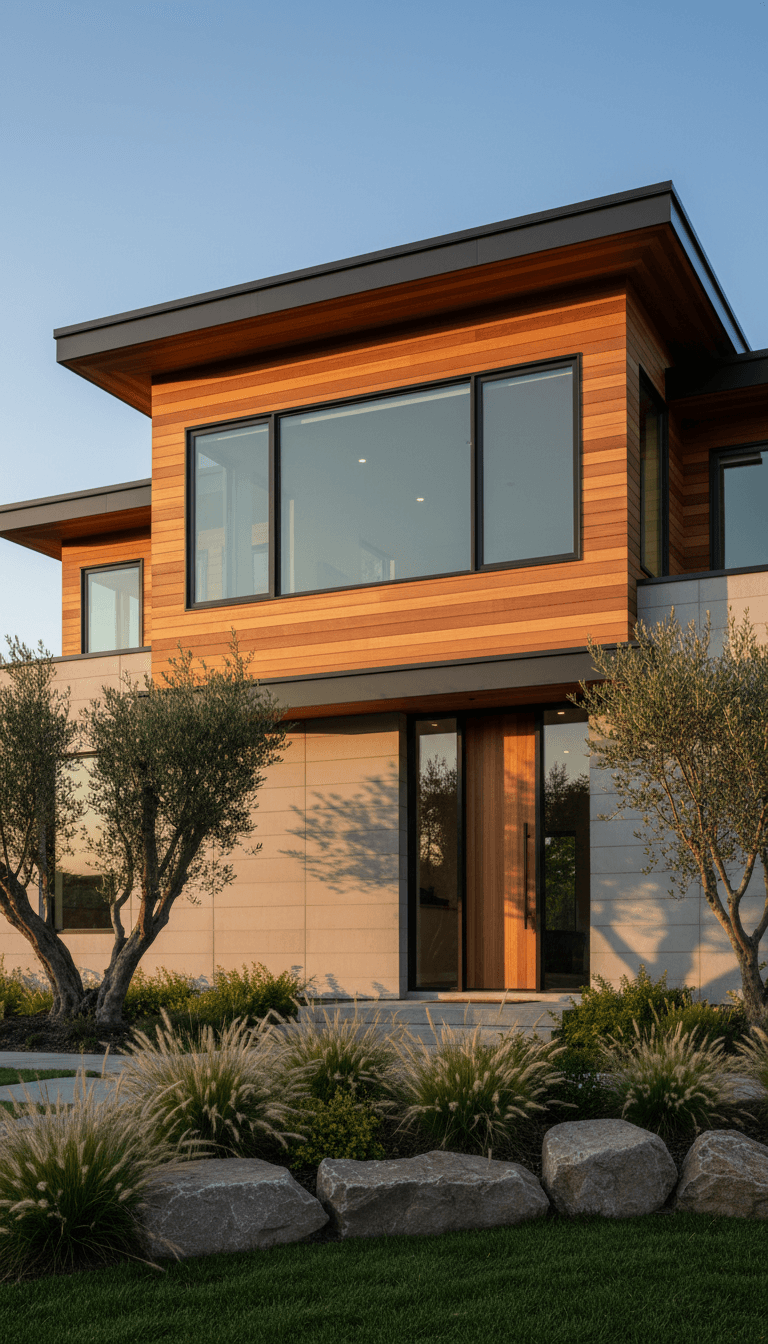 Completed detached residential home exterior photographed in golden hour light, showcasing finished architectural design and quality construction