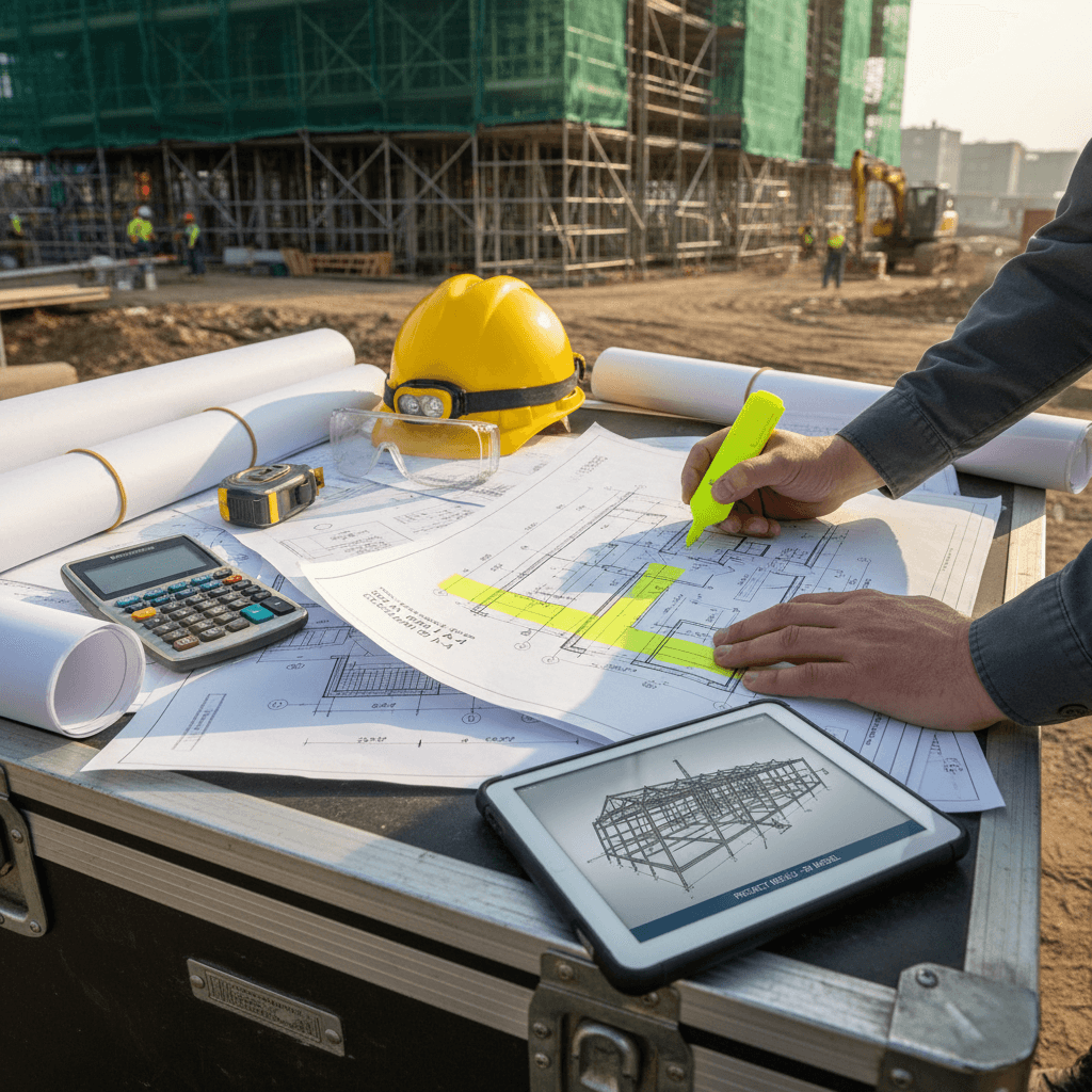 Construction team reviewing project plans