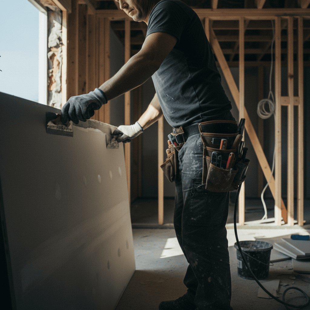 Construction worker using a level on a framed wall during active renovation work