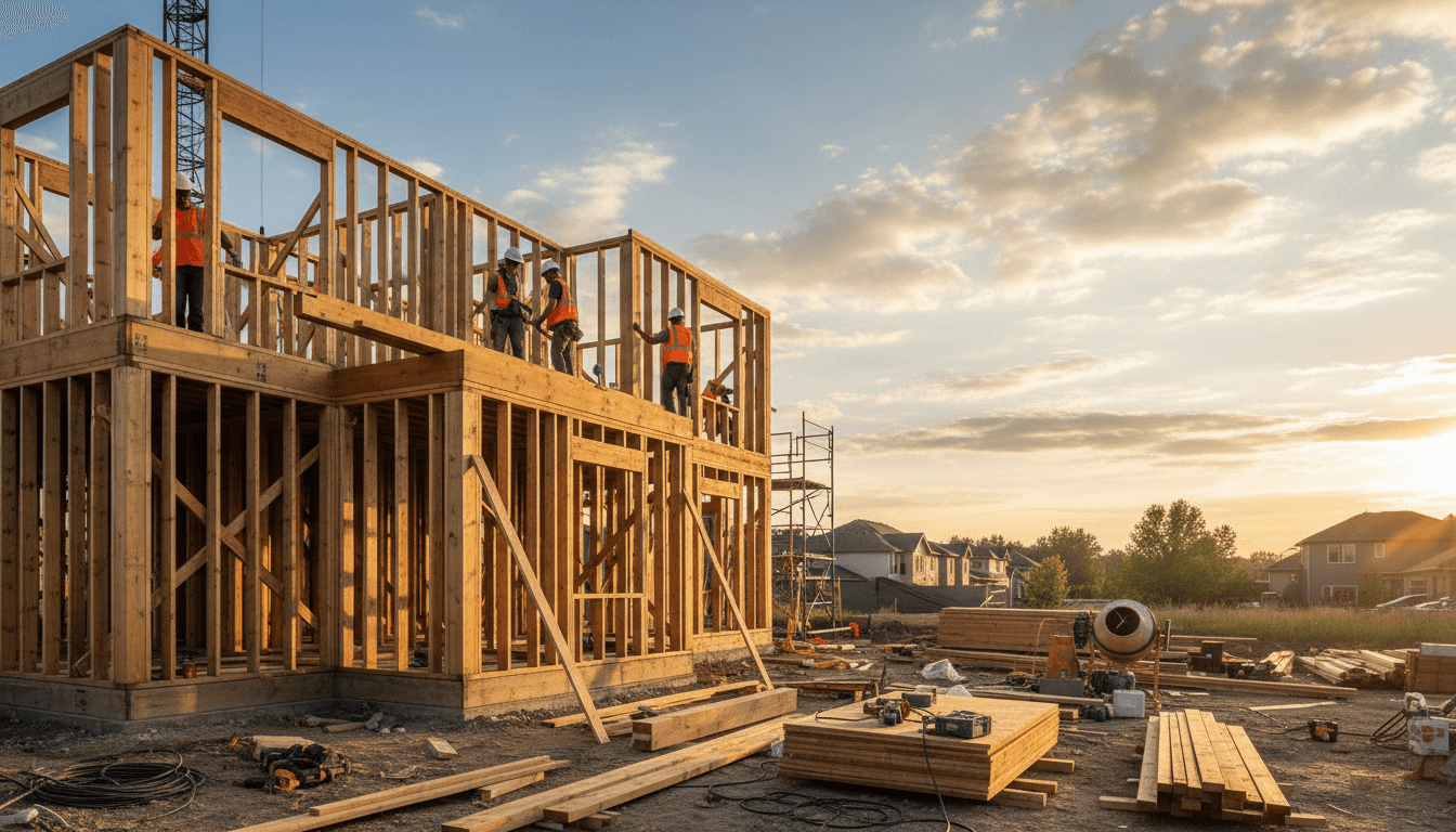 Residential construction project foundation and framing in progress