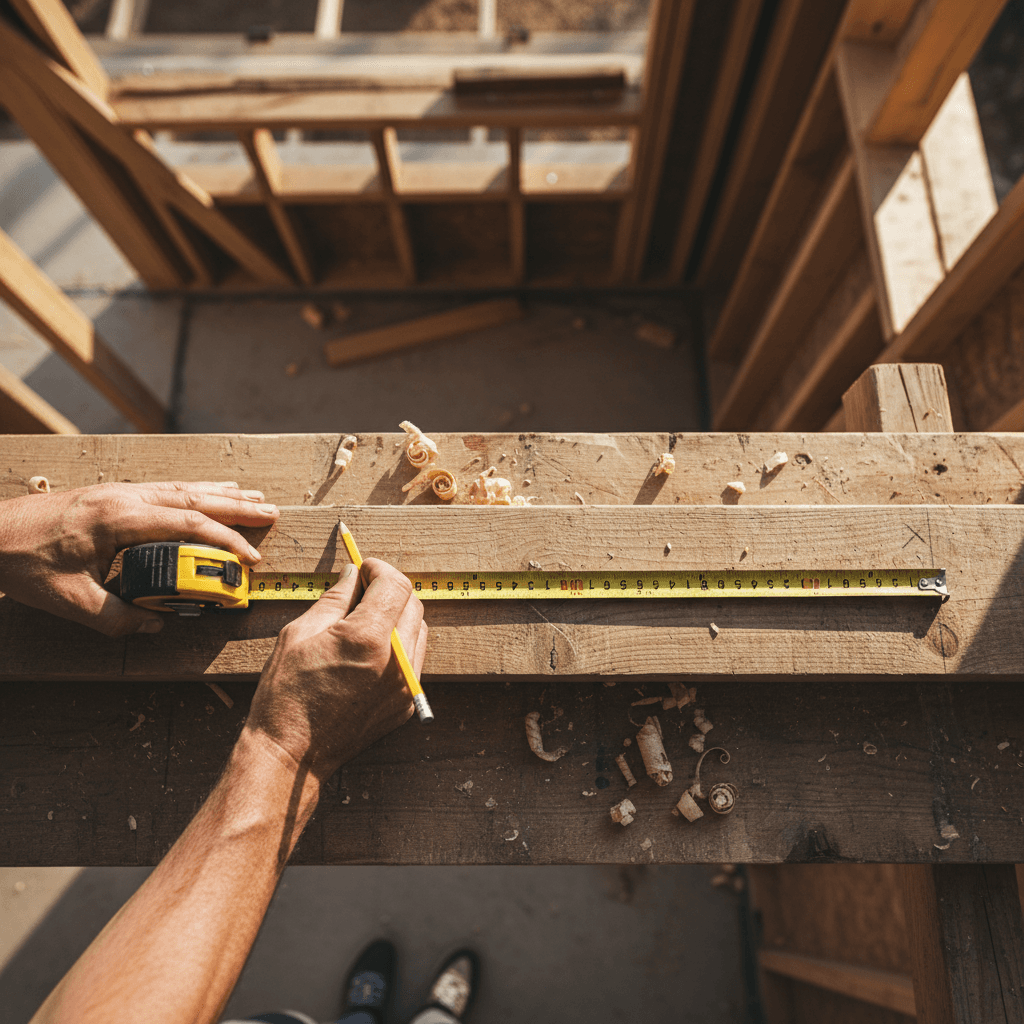Construction worker measuring materials with precision